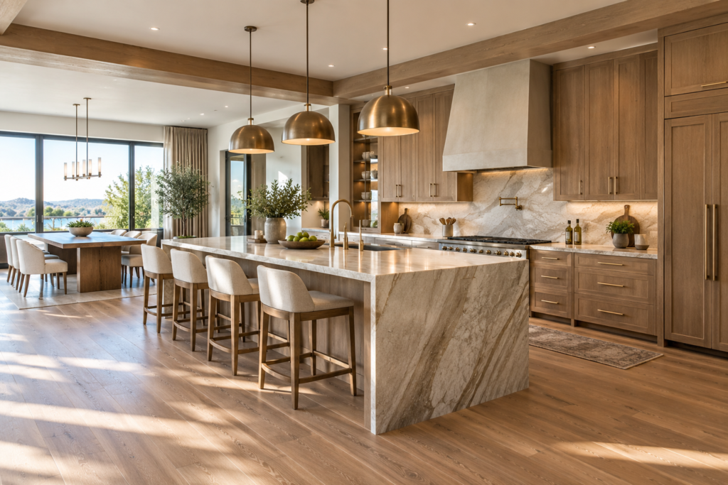 Modern luxury kitchen interior with marble countertops, custom wooden cabinetry, and elegant island pendant lighting.