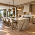 Modern luxury kitchen interior with marble countertops, custom wooden cabinetry, and elegant island pendant lighting.
