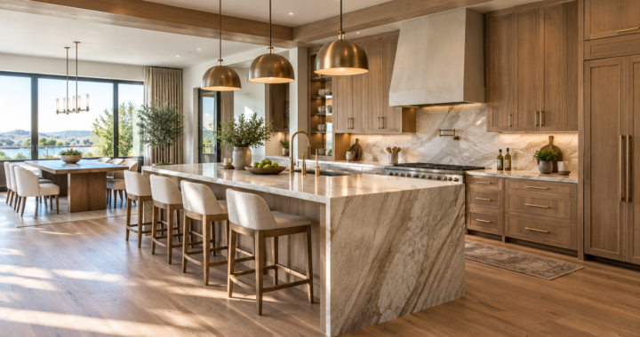 Modern luxury kitchen interior with marble countertops, custom wooden cabinetry, and elegant island pendant lighting.