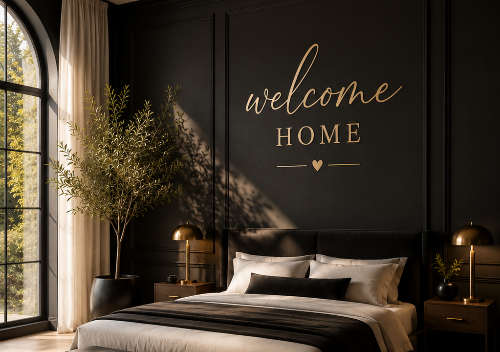 Luxurious modern black bedroom with warm golden accent lighting, upholstered king bed, and stylish wall paneling