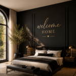 Luxurious modern black bedroom with warm golden accent lighting, upholstered king bed, and stylish wall paneling