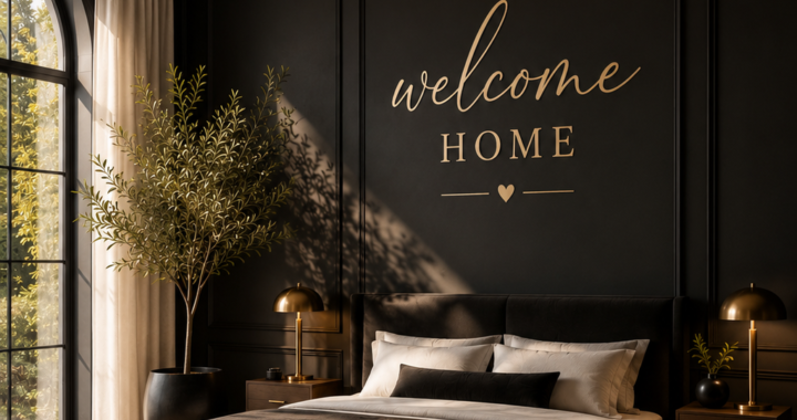 Luxurious modern black bedroom with warm golden accent lighting, upholstered king bed, and stylish wall paneling