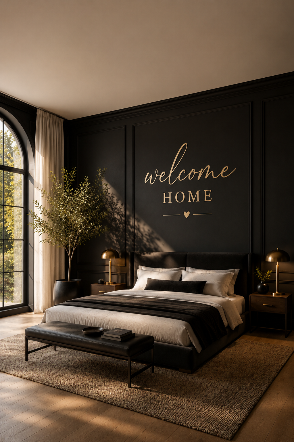 Luxurious modern black bedroom with warm golden accent lighting, upholstered king bed, and stylish wall paneling