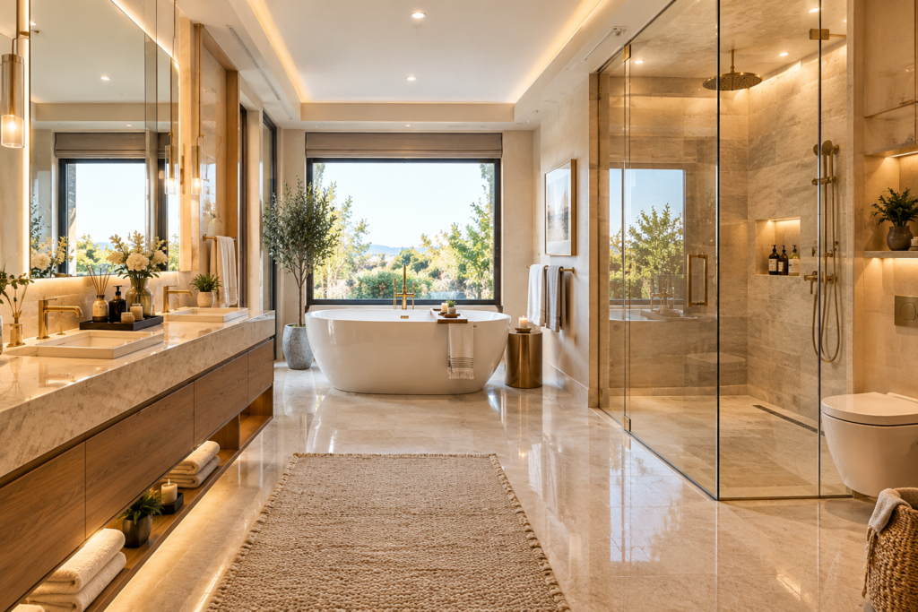 Stunning luxury washroom interior with marble tiles and modern fixtures