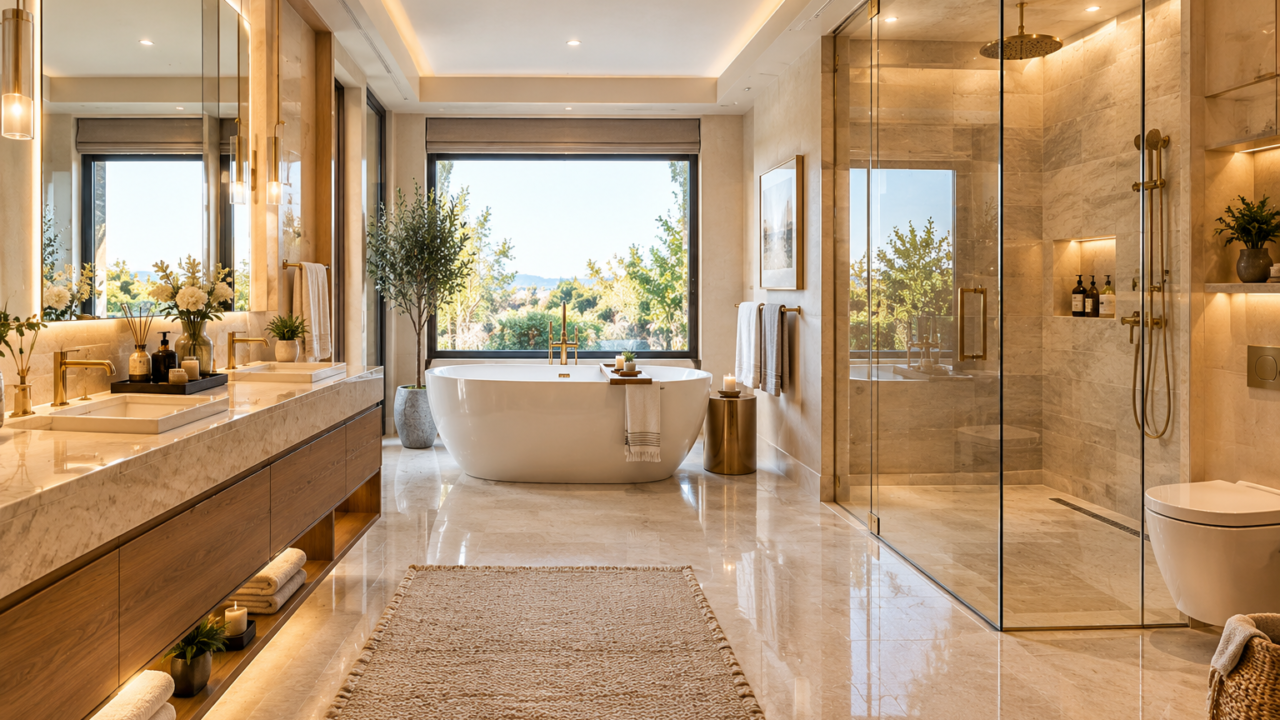 Stunning luxury washroom interior with marble tiles and modern fixtures