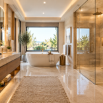 Stunning luxury washroom interior with marble tiles and modern fixtures
