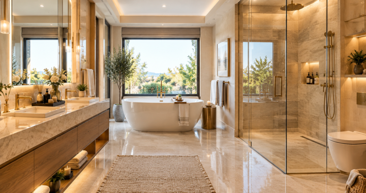 Stunning luxury washroom interior with marble tiles and modern fixtures