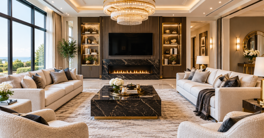 Luxury living room with elegant cream sofas, black marble fireplace, gold accents, and modern luxury decor