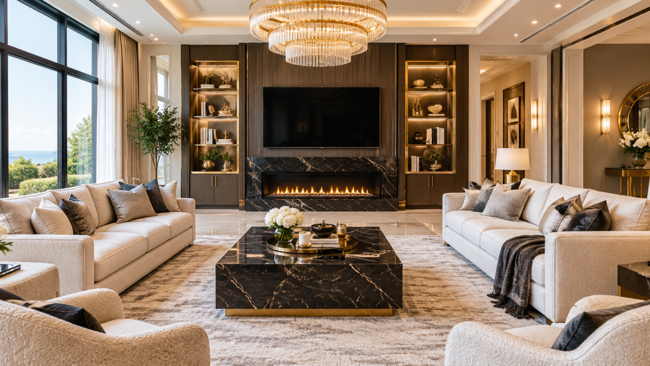 Luxury living room with elegant cream sofas, black marble fireplace, gold accents, and modern luxury decor