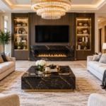 Luxury living room with elegant cream sofas, black marble fireplace, gold accents, and modern luxury decor