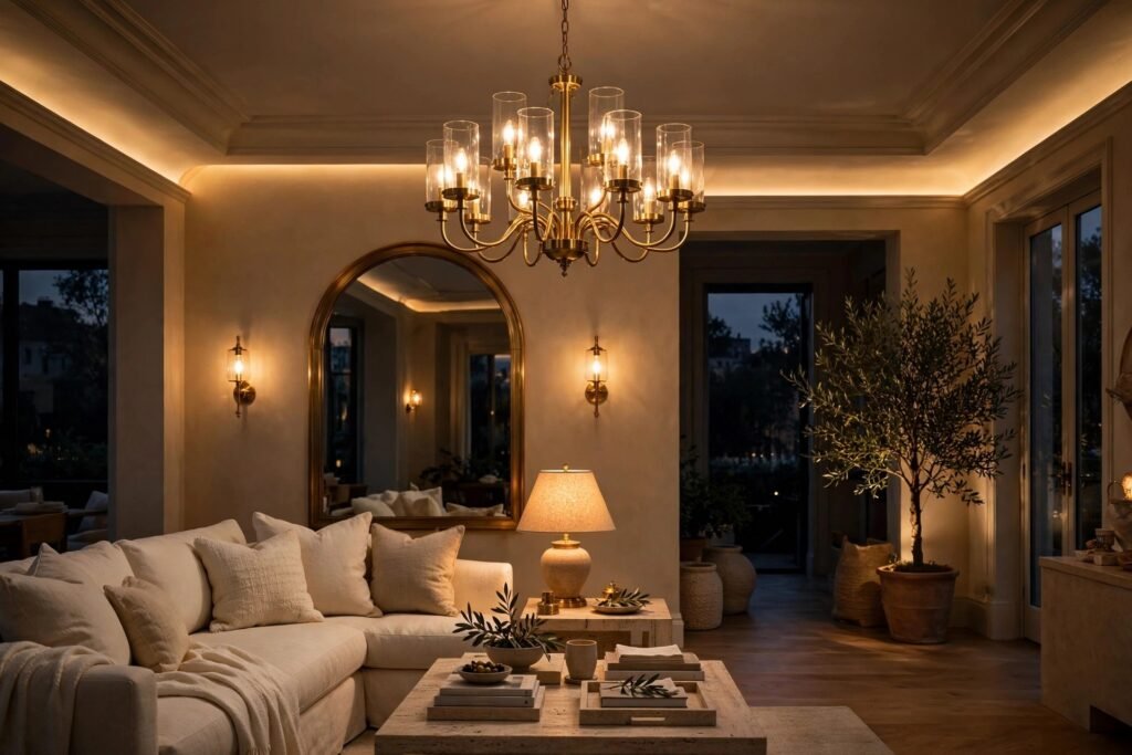 Layered luxury lighting ideas — brass chandelier, wall sconces and warm 2700K glow in a luxury living room