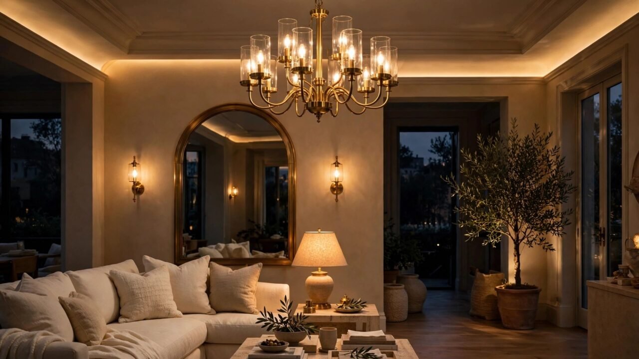 Layered luxury lighting ideas — brass chandelier, wall sconces and warm 2700K glow in a luxury living room