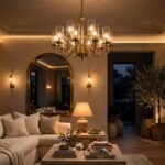 Layered luxury lighting ideas — brass chandelier, wall sconces and warm 2700K glow in a luxury living room