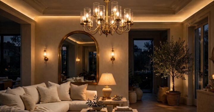 Layered luxury lighting ideas — brass chandelier, wall sconces and warm 2700K glow in a luxury living room