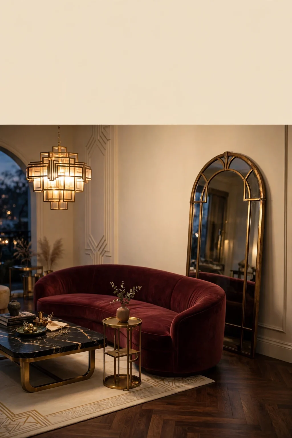 Neo Deco luxury living room with an arched brass mirror, burgundy velvet seating and geometric Art Deco details