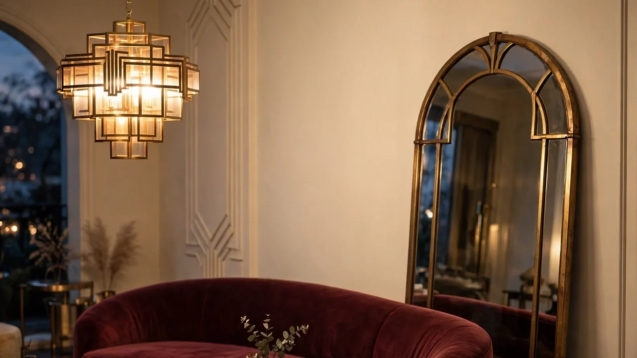 Neo Deco luxury living room with an arched brass mirror, burgundy velvet seating and geometric Art Deco details