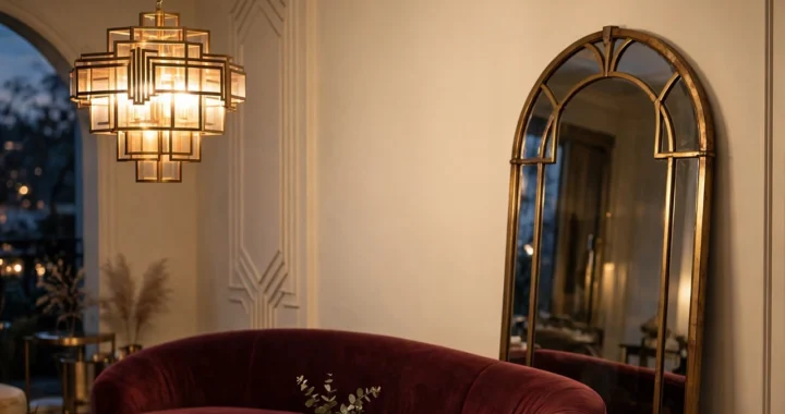 Neo Deco luxury living room with an arched brass mirror, burgundy velvet seating and geometric Art Deco details
