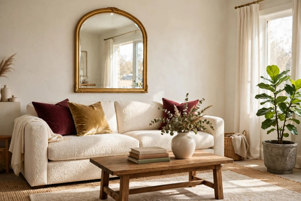 Luxury living room decorated on a budget with an oversized mirror, velvet cushions, warm layered lighting and a styled coffee table