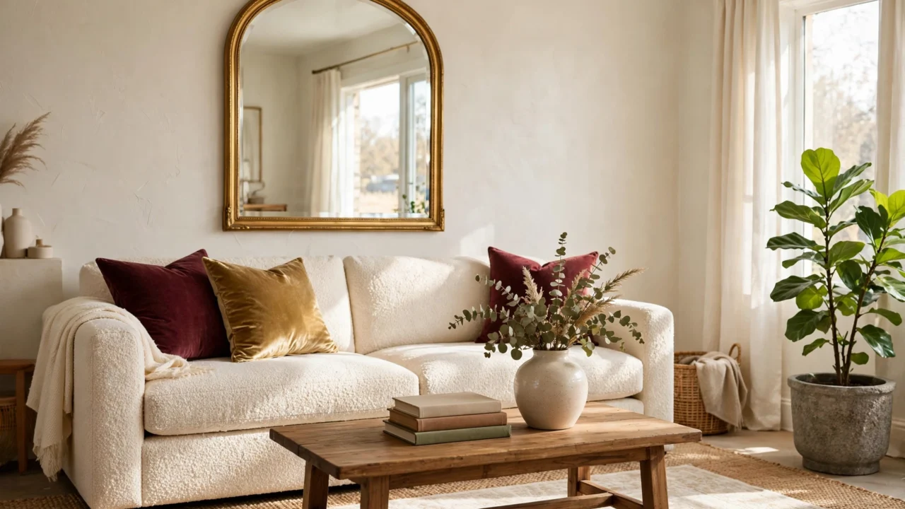 Luxury living room decorated on a budget with an oversized mirror, velvet cushions, warm layered lighting and a styled coffee table