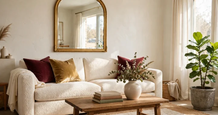 Luxury living room decorated on a budget with an oversized mirror, velvet cushions, warm layered lighting and a styled coffee table