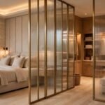 Luxury master suite with glass partition, warm lighting and modern bedroom design