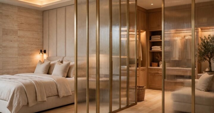 Luxury master suite with glass partition, warm lighting and modern bedroom design