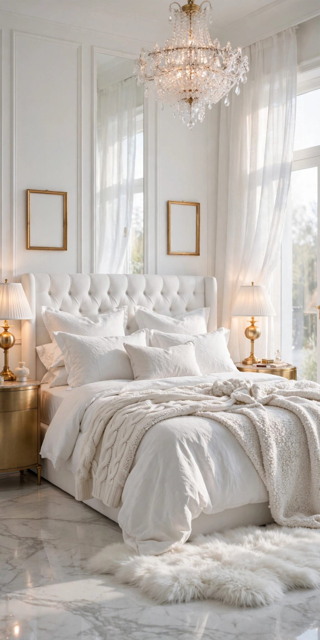 White luxury bedroom with tufted headboard, boucle bedding, gold accents and crystal chandelier