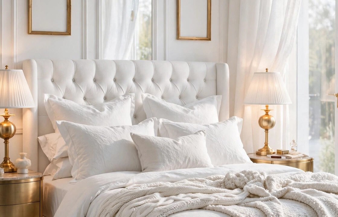White luxury bedroom with tufted headboard, boucle bedding, gold accents and crystal chandelier
