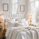 White luxury bedroom with tufted headboard, boucle bedding, gold accents and crystal chandelier