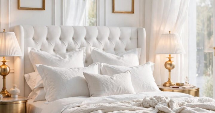 White luxury bedroom with tufted headboard, boucle bedding, gold accents and crystal chandelier
