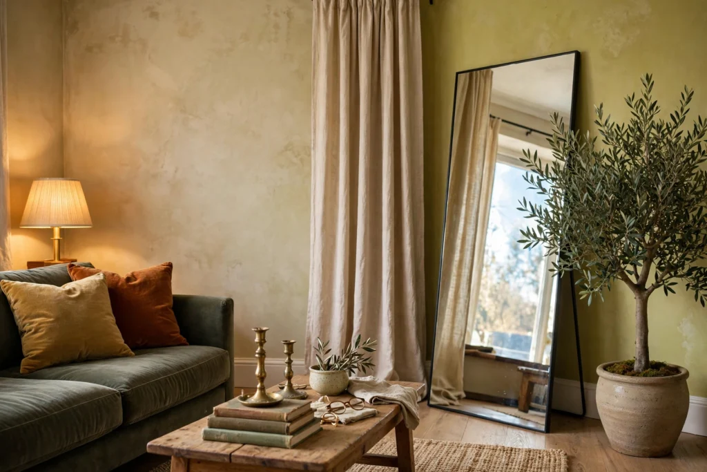 Budget luxury living room with limewash walls, velvet cushions, brass lamp and candlesticks, a large leaning mirror and an olive tree
