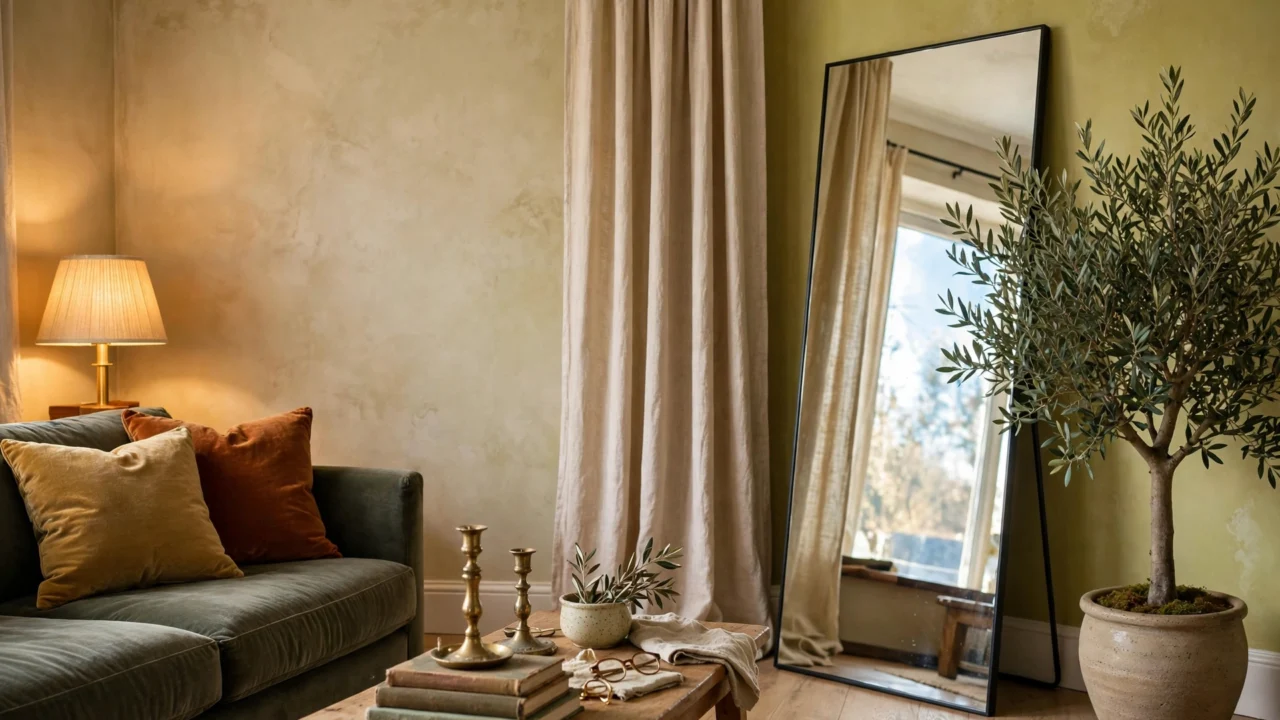 Budget luxury living room with limewash walls, velvet cushions, brass lamp and candlesticks, a large leaning mirror and an olive tree