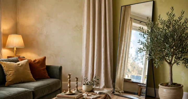 Budget luxury living room with limewash walls, velvet cushions, brass lamp and candlesticks, a large leaning mirror and an olive tree