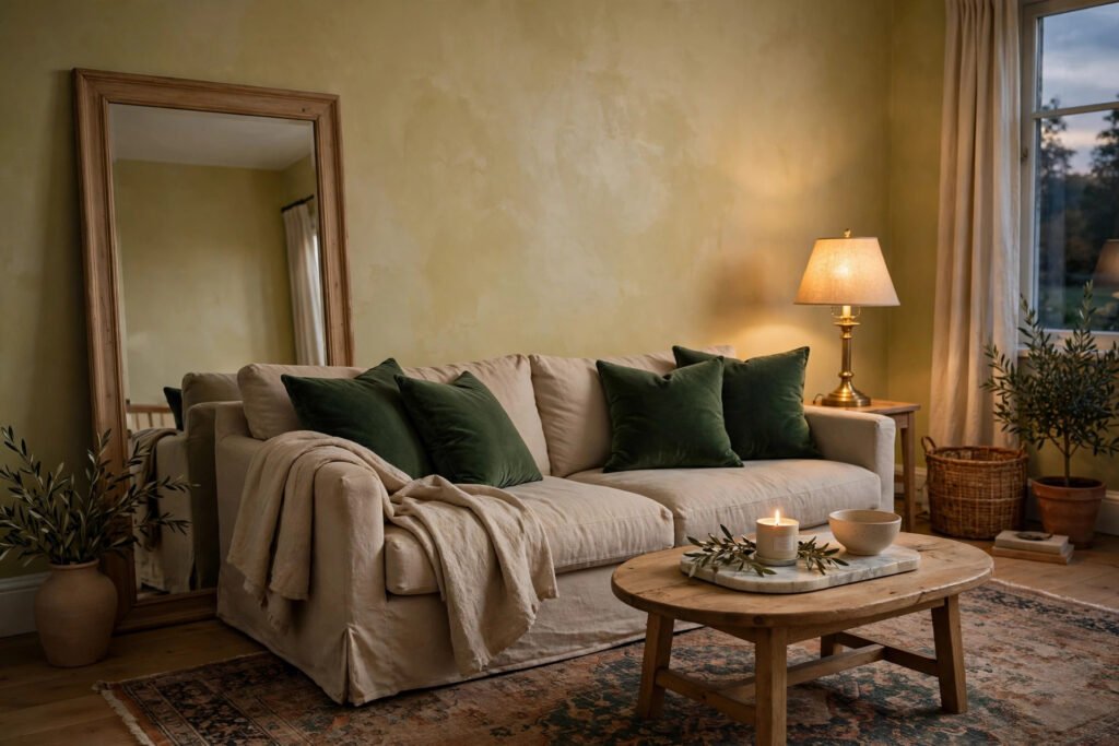 Luxury living room decor on a budget with limewash walls, oversized mirror, velvet cushions and warm brass lamp light