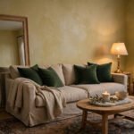 Luxury living room decor on a budget with limewash walls, oversized mirror, velvet cushions and warm brass lamp light