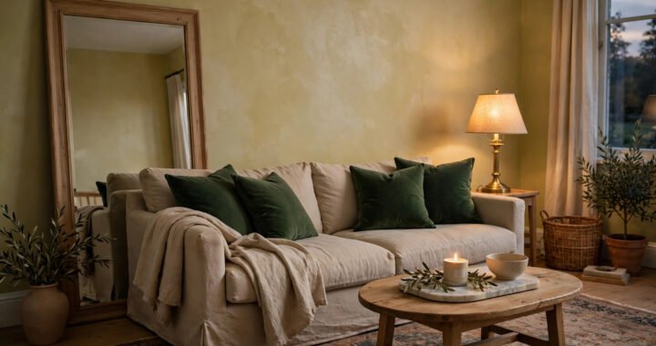 Luxury living room decor on a budget with limewash walls, oversized mirror, velvet cushions and warm brass lamp light
