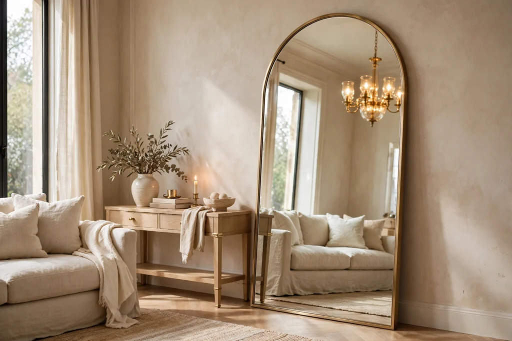 Oversized arched brass-framed floor mirror in a luxury living room