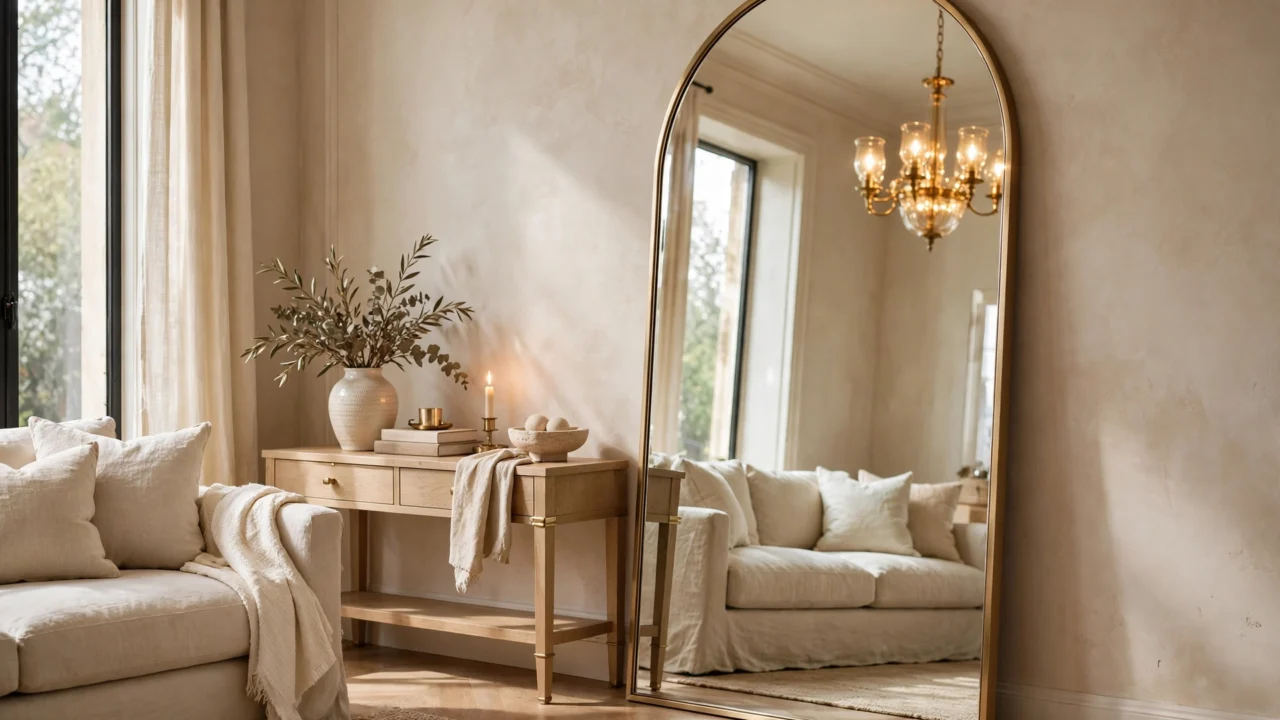 Oversized arched brass-framed floor mirror in a luxury living room