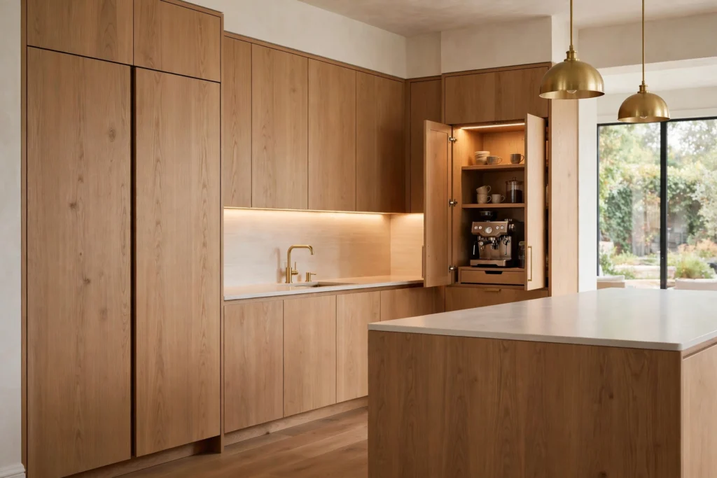 Luxury kitchen with concealed storage — handleless oak cabinetry and hidden coffee station