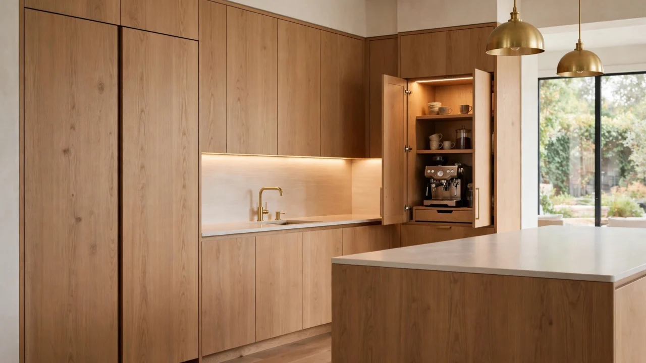 Luxury kitchen with concealed storage — handleless oak cabinetry and hidden coffee station