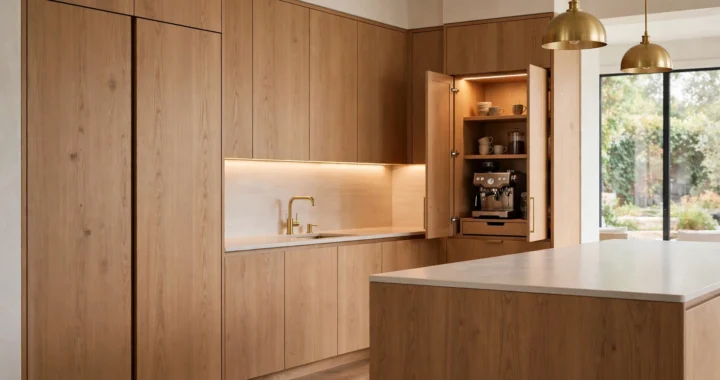 Luxury kitchen with concealed storage — handleless oak cabinetry and hidden coffee station