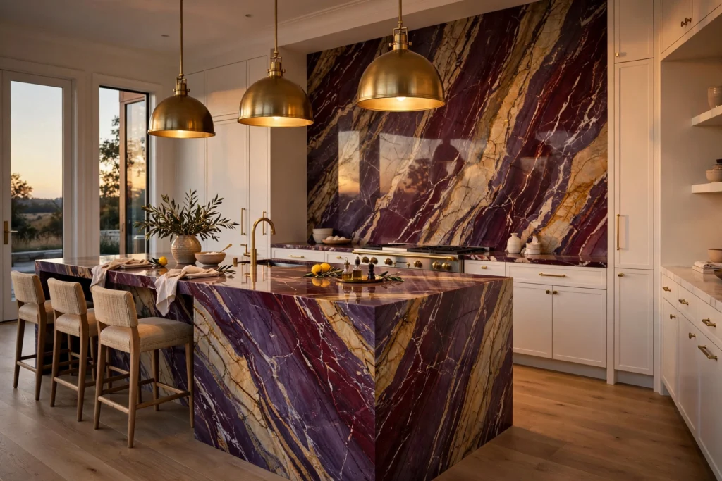 Statement stone kitchen with Calacatta Viola waterfall island and full-slab marble backsplash