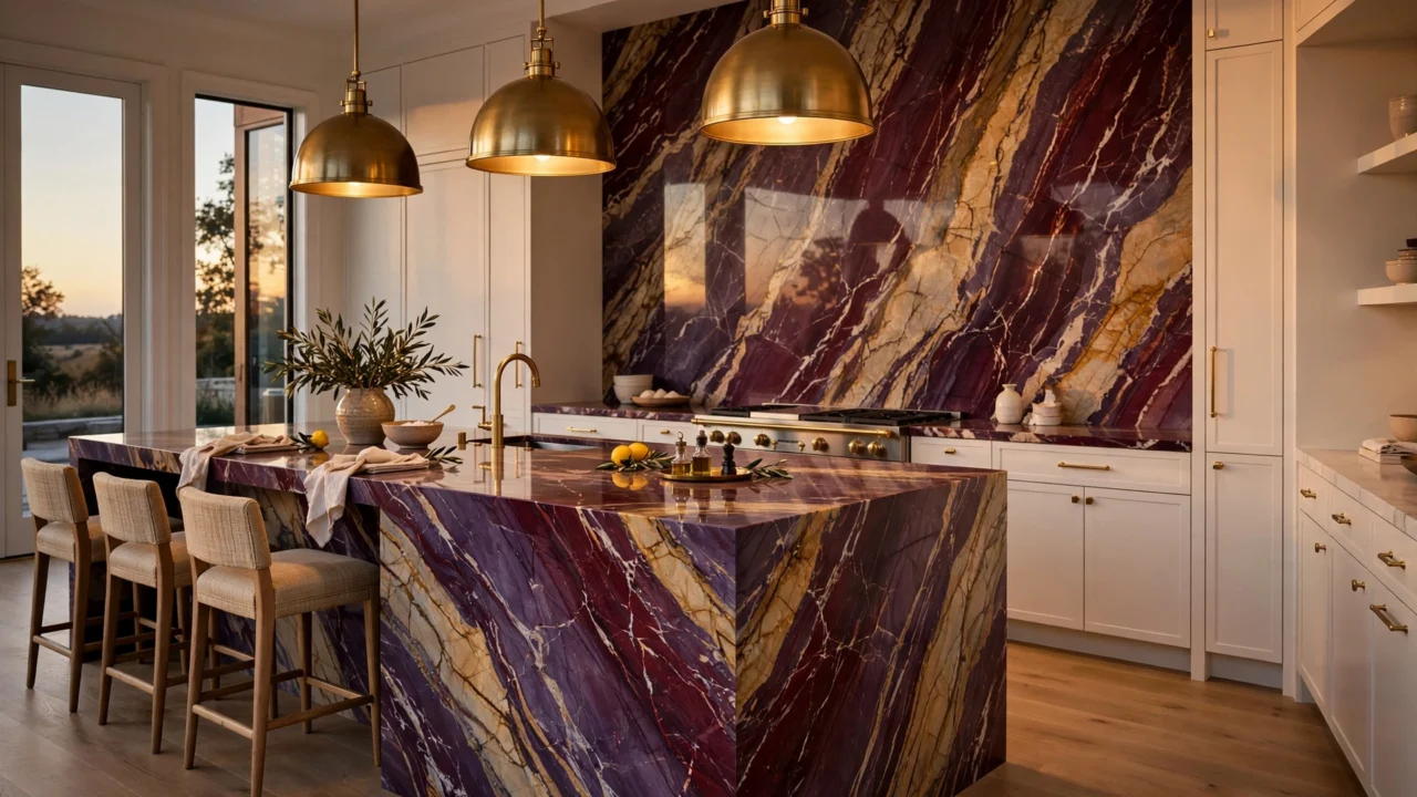 Statement stone kitchen with Calacatta Viola waterfall island and full-slab marble backsplash
