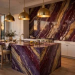 Statement stone kitchen with Calacatta Viola waterfall island and full-slab marble backsplash