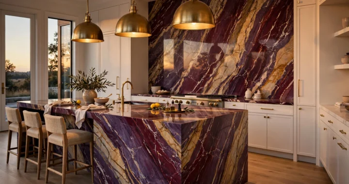 Statement stone kitchen with Calacatta Viola waterfall island and full-slab marble backsplash