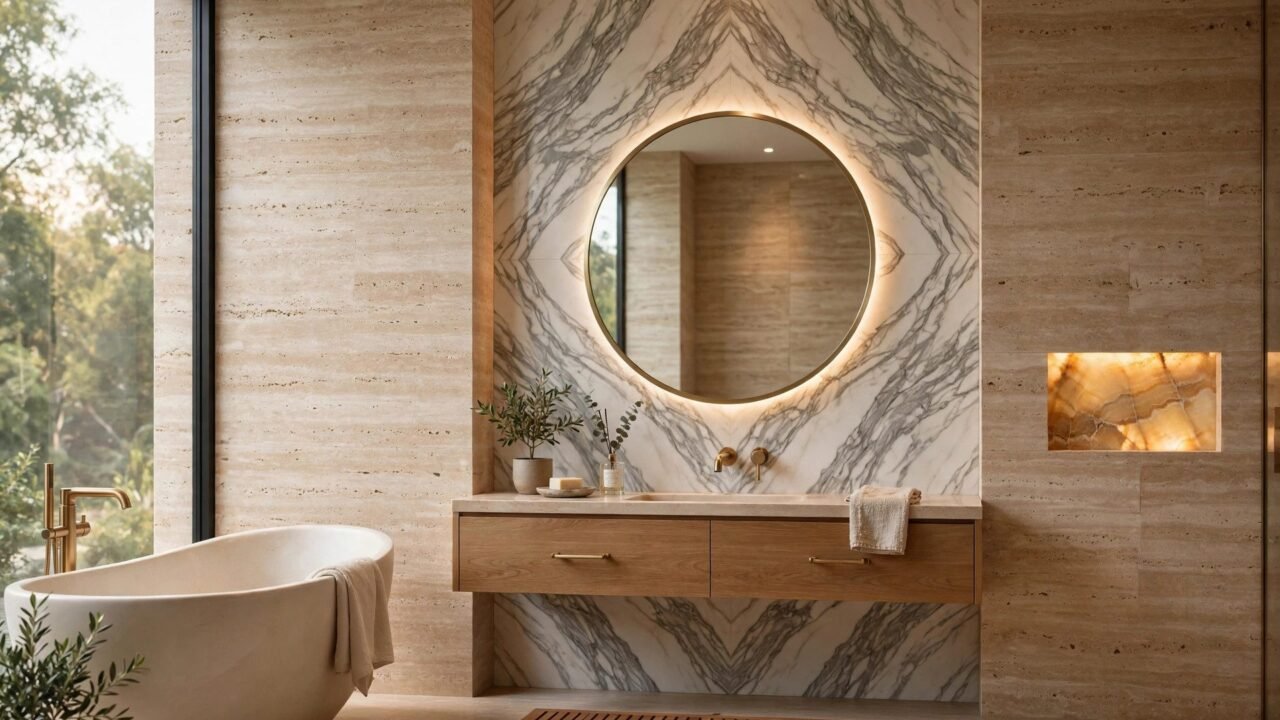 Natural stone bathroom with travertine walls and marble feature wall