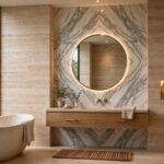 Natural stone bathroom with travertine walls and marble feature wall