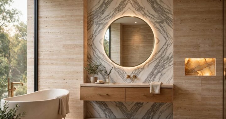 Natural stone bathroom with travertine walls and marble feature wall